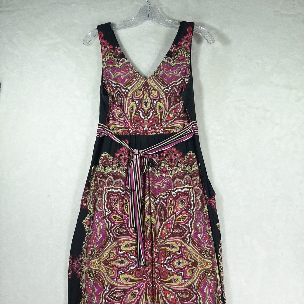 JFW Just For Wraps‎ Womens Black Pink Paisley V Neck Maxi Dress Pockets Size M